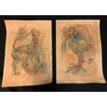 Jan Lebenstein Polish (1930 - 1999), pair of signed pen & ink coloured sketches on graph paper
