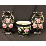 Set of 3 black gilded rose decorated ceramic items (bowl + 2 vases) Vases W 18cm x H 33cm x W 10cm
