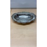 Vintage silver monograms dish with scrolling to the edge. Weighs 248g, 28cm x 20cm