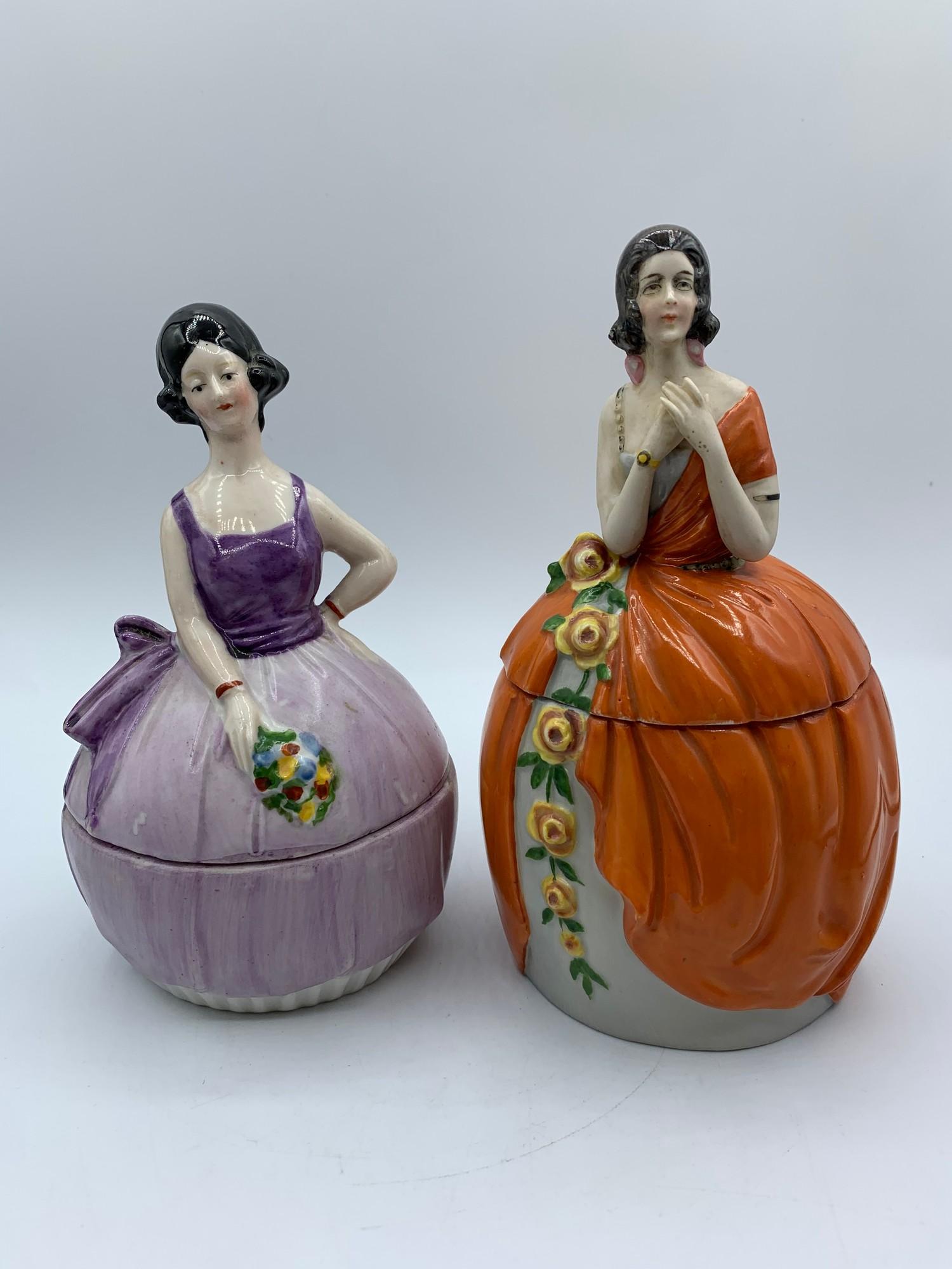 Vintage pair of Ceramic powder boxes in the form of ladies in orange and purple ballgown dresses - Image 2 of 20