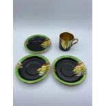 Art Deco Carlton Ware Handcraft "Ziggarette" pattern cup and 3 saucers - pattern 3554 Matt black