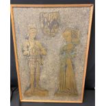 A 1476 Monumental brass mounted sheet brass of Sir George Somerset with his wife and coat of arms,