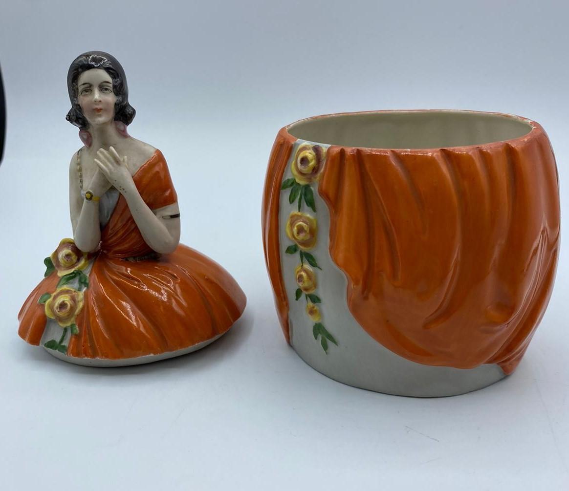 Vintage pair of Ceramic powder boxes in the form of ladies in orange and purple ballgown dresses - Image 9 of 20