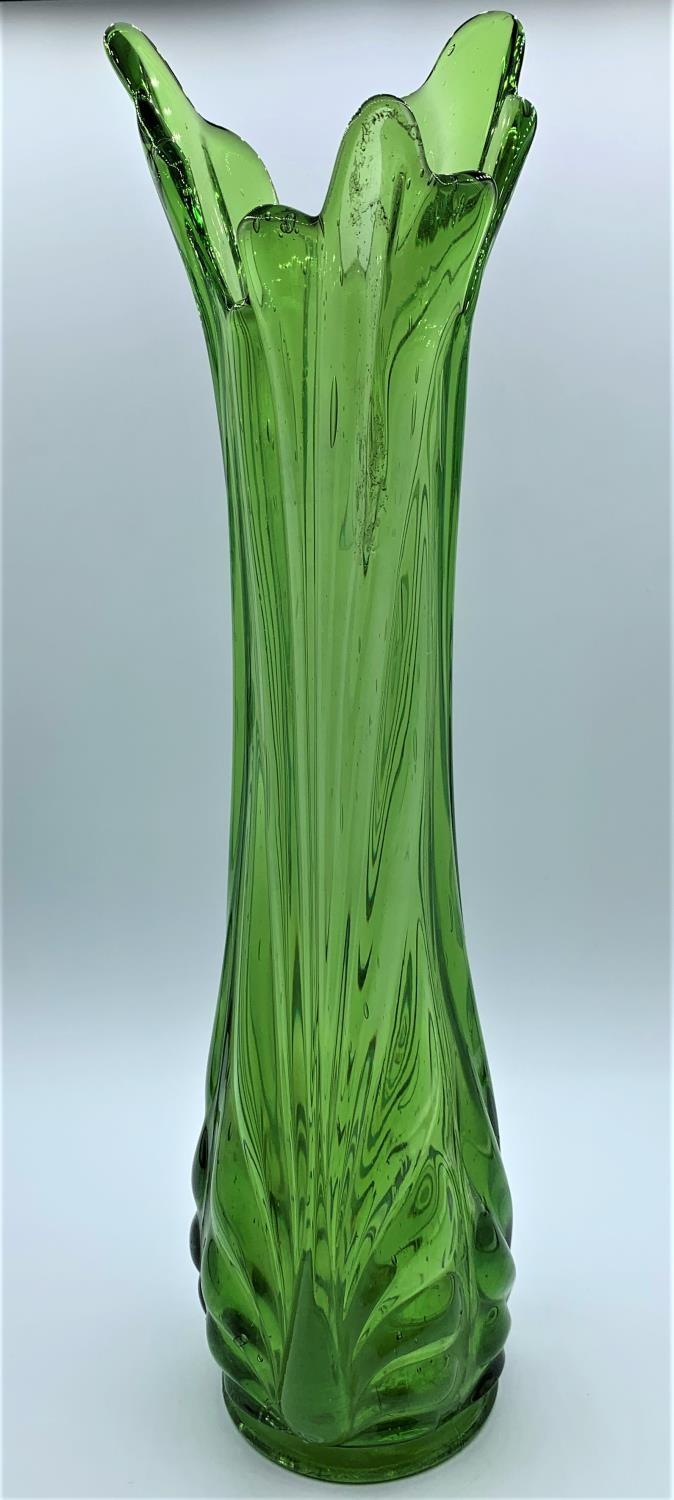 Retro green tall glass vase. Tapered towards top,approximately 37.5cm (15?).