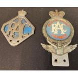 Vintage 1950s RAC Motor Sport Member car badge with member no.s to reverse. Vintage RAC car badge
