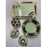 Rare Art Deco 1930s Tuscan China "plant" gilded green and black Dressing Table Set to include