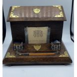 English Oak Victorian Standish or writing / Correspondence Box, brass mounts lined lead crystal