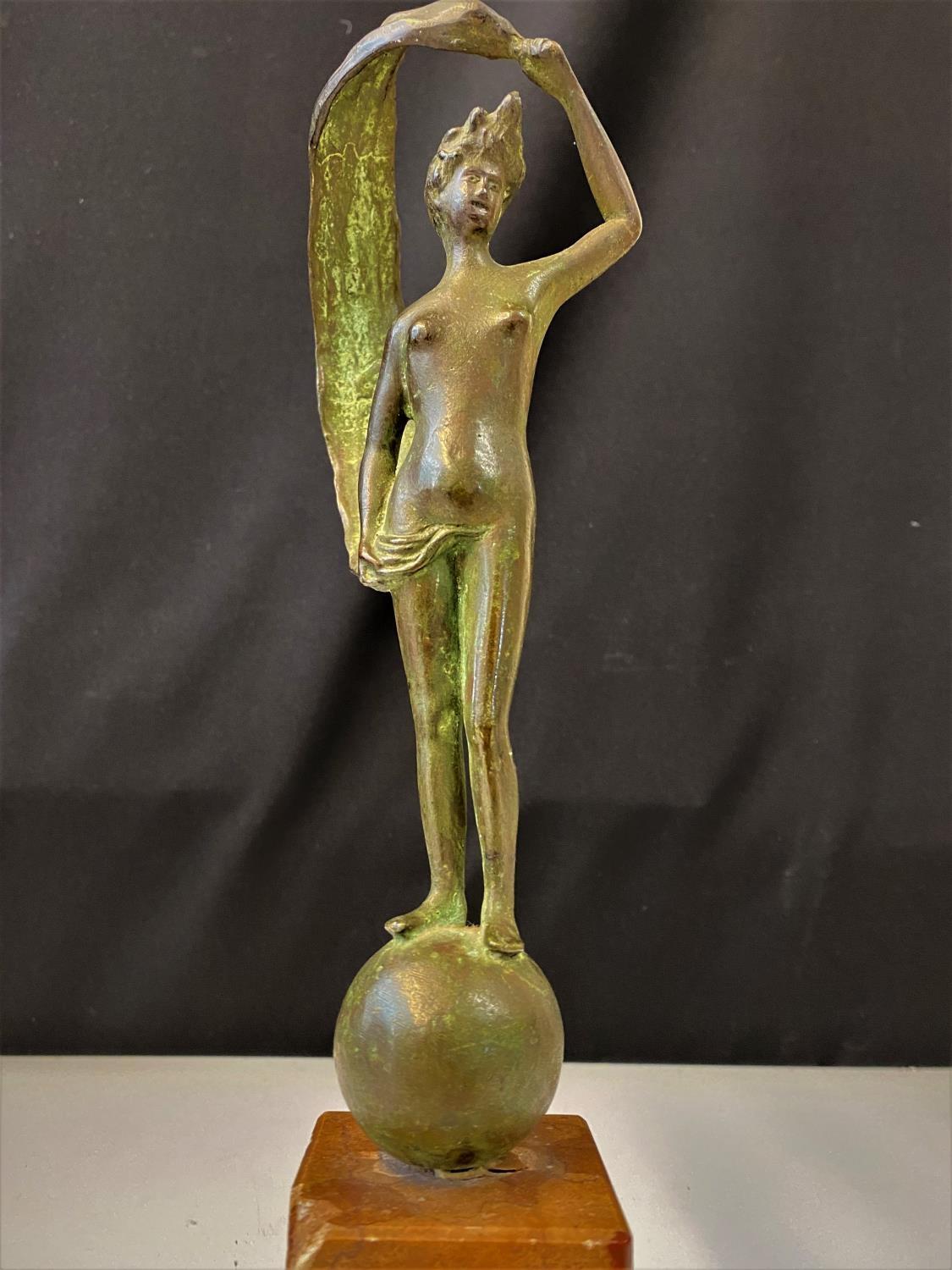Bronzed naked lady on ball, marble base (corner damaged), H35cm x W6cm and weight 1.76kg approx - Image 5 of 14