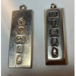 2x Vintage Silver Ingot Pendants, clear hallmarks for 1977 combined weight 53g