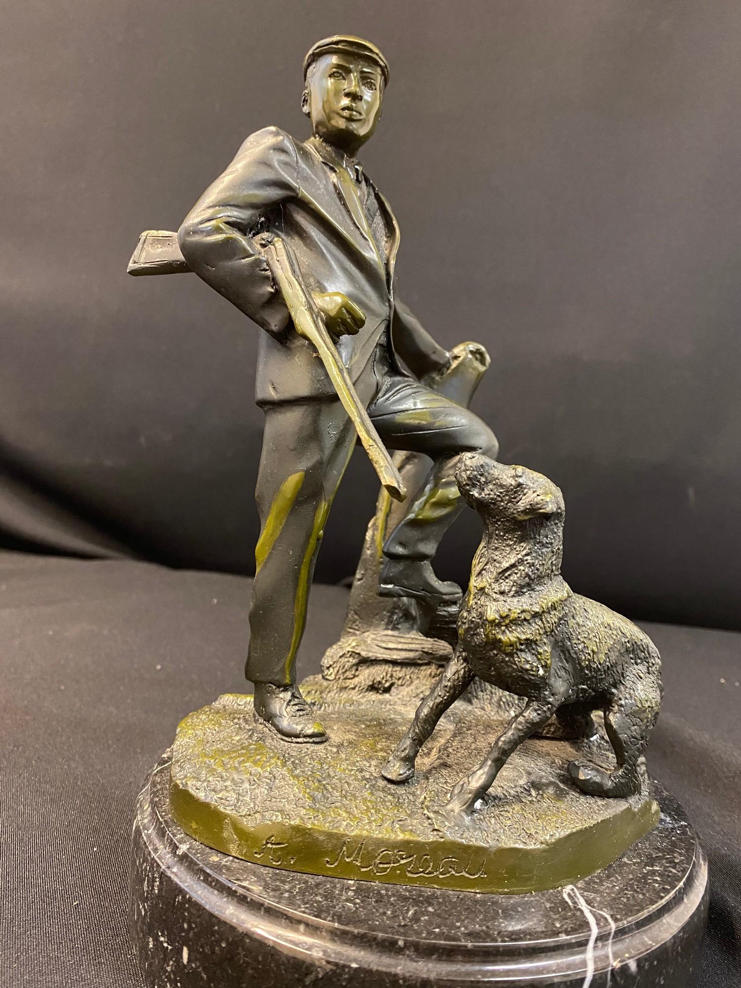 Bronze Sculpture of master with his Dog, 30cm tall, width 18cm, weight 6.3kg