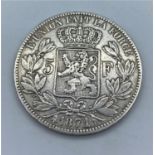 Silver Belgian 5 Franc Coin, Leopold II 1871 very fine condition, weight 24.5g approx