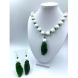 Chinese White and Green Jade Necklace and Earrings set, weight 178g