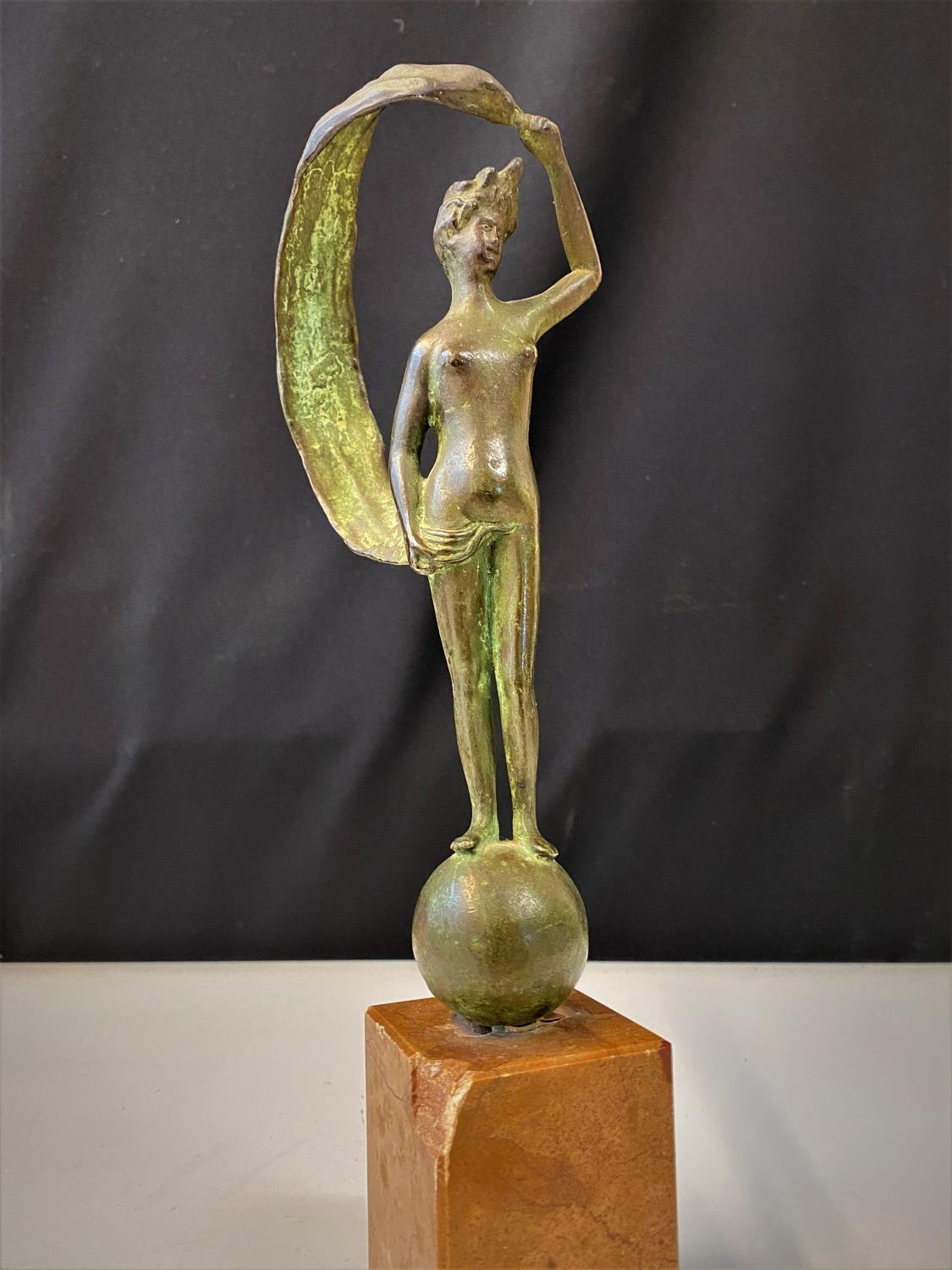 Bronzed naked lady on ball, marble base (corner damaged), H35cm x W6cm and weight 1.76kg approx - Image 10 of 14