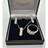Silver Ring, Pendant and Earring Set with Sparkling CZ Stones, weight 10.2g and ring size N (3)