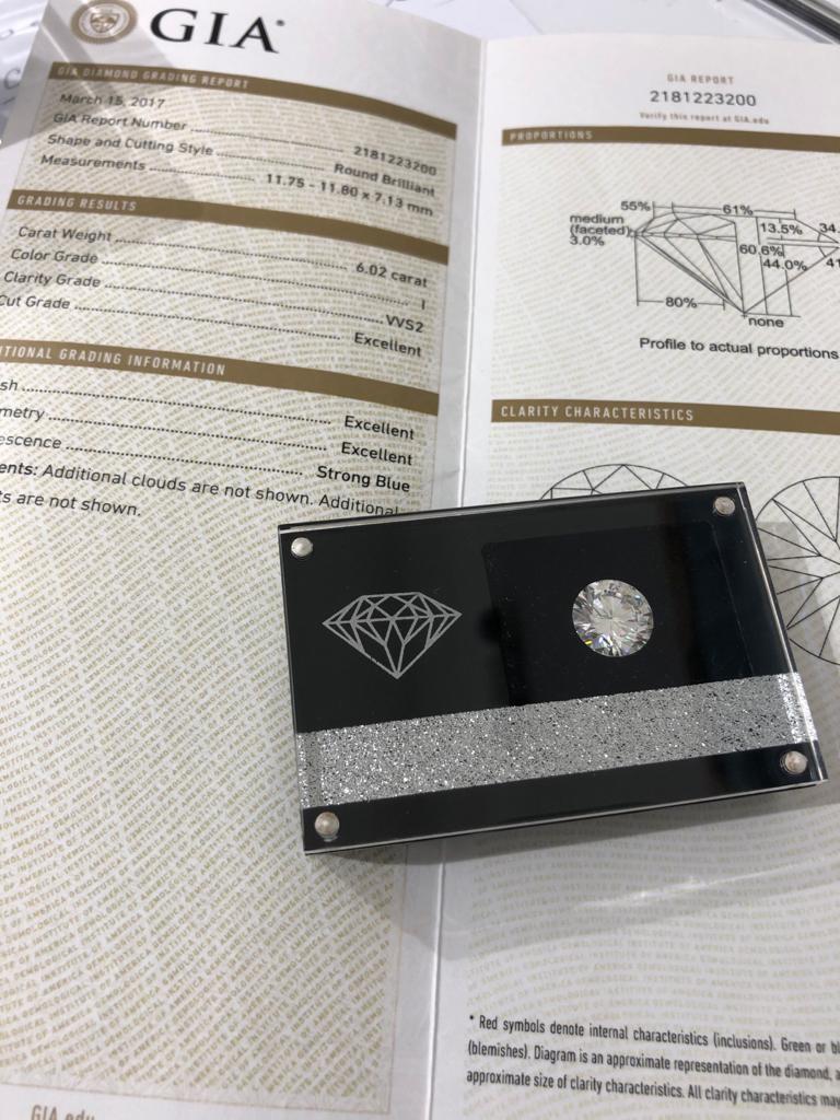 6.02ct round Brilliant Diamond I/VVS2 triple excellent GIA 2181223200. (Please contact the office