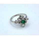 Vintage 18ct white gold cushion cut Emerald centre and Diamonds ring, weight 4g approx, Size K-L