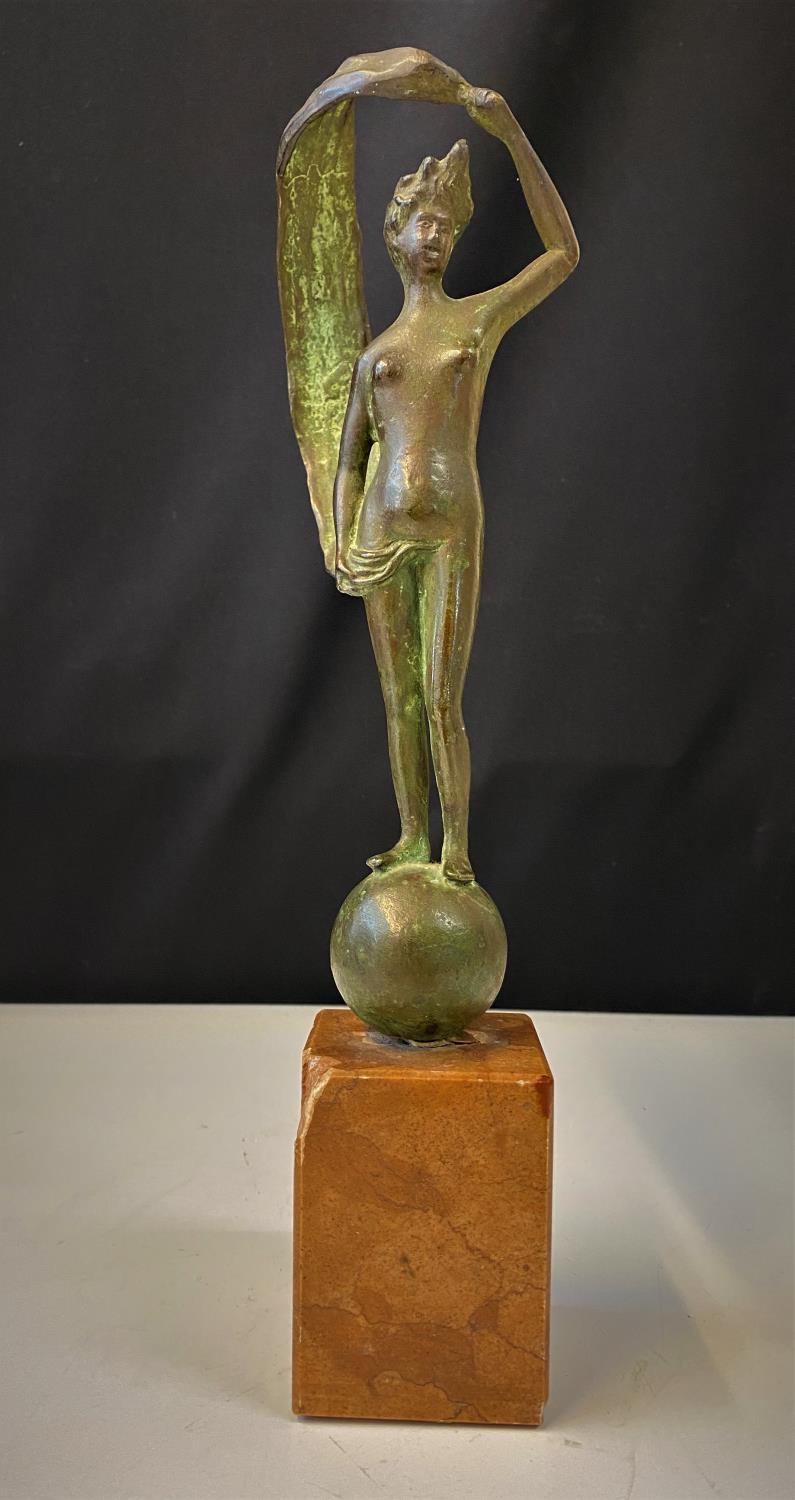 Bronzed naked lady on ball, marble base (corner damaged), H35cm x W6cm and weight 1.76kg approx - Image 2 of 14