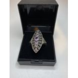 Silver Marcasite Stone set Lozenge Shaped Ring having 3 Amethysts to centre, 925 stamp inside