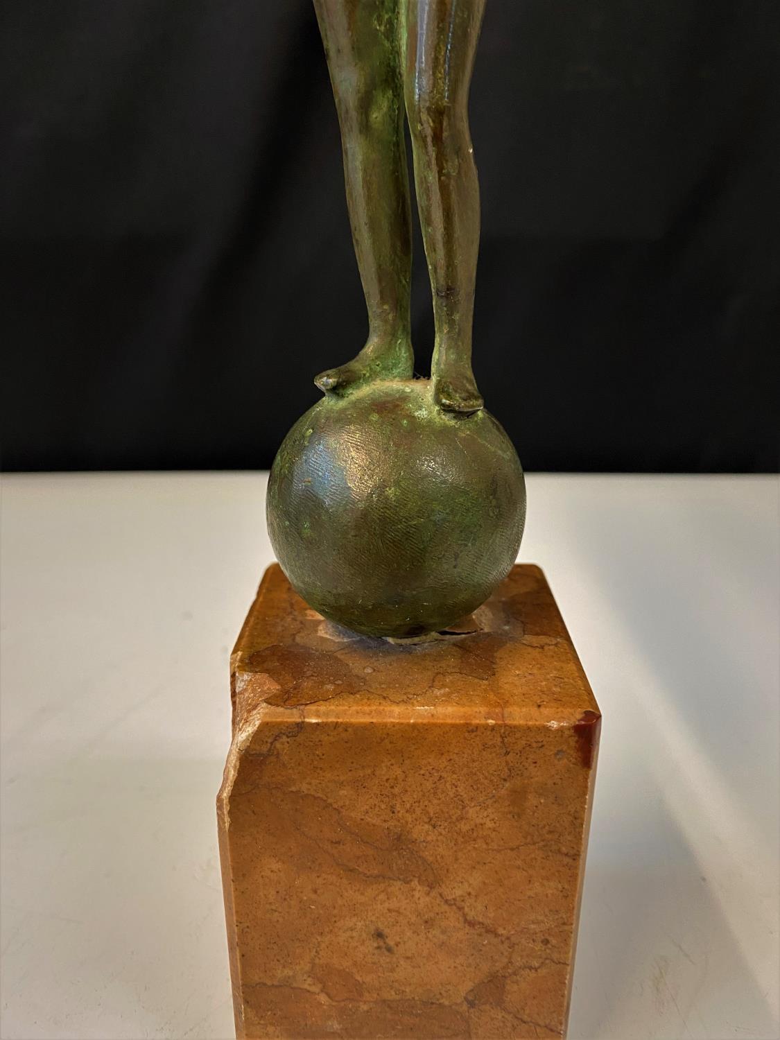 Bronzed naked lady on ball, marble base (corner damaged), H35cm x W6cm and weight 1.76kg approx - Image 3 of 14