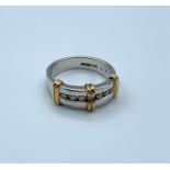 9ct White Gold Ring trimmed with yellow gold having 7 small Diamonds, weight 4.9g and size N/O