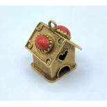 9ct Gold Vintage Birdbox Charm/Pendant with Red Stones, weight 7.8g and 2.5cm tall approx