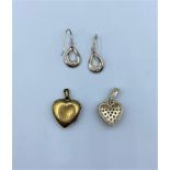 Mixed lot of 2 silver heart Pendants and 1 pair of silver Earrings, weight total 8.5g approx