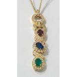 18k yellow Gold Ruby, Sapphire, Emerald and Diamonds Pendant with oval ruby (4x6.5mm), oval sapphire