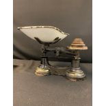 Vintage iron Weighing Scales with 4 weights and original white enamel bowl, marks and chips to