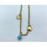 18ct Gold fine Chain with elephants and Turquoise insets, weight 4.2g, 14"inch