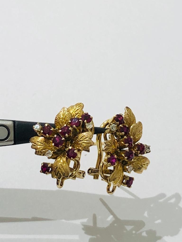 Pair of 14ct Yellow Gold Rubies and Diamonds Earrings, weight 7.7g