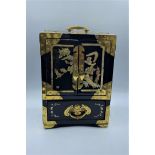 Ornate Oriental lacquered and ebonised Jewel Box, inset Mother of Pearl, engraved brass escutcheons,