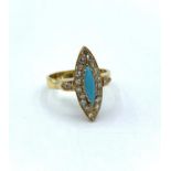 Antique Diamond and Turquoise Oval Eye shaped Ring set in 18ct Gold, weight 4.9g, Size P