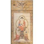 Tibetan Thangka depicting ? Three saints of the west?. One in the middle is Shakyamuni, sitting on a