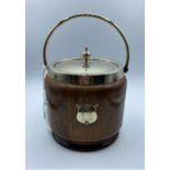 Oak cased ceramic lined English Ice Bucket or cookie jar, silver plated cartouche dated 1919 made by