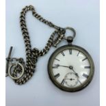 Late 19th Century Silver Pocket Watch With Key Wind Plus a Double Silver Albert Watch Chain 157.4g