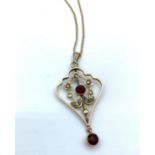 Victorian 9ct Rose Gold vintage Pendant with Seed pearls and Garnet on a 40cm long 9ct Chain, weight
