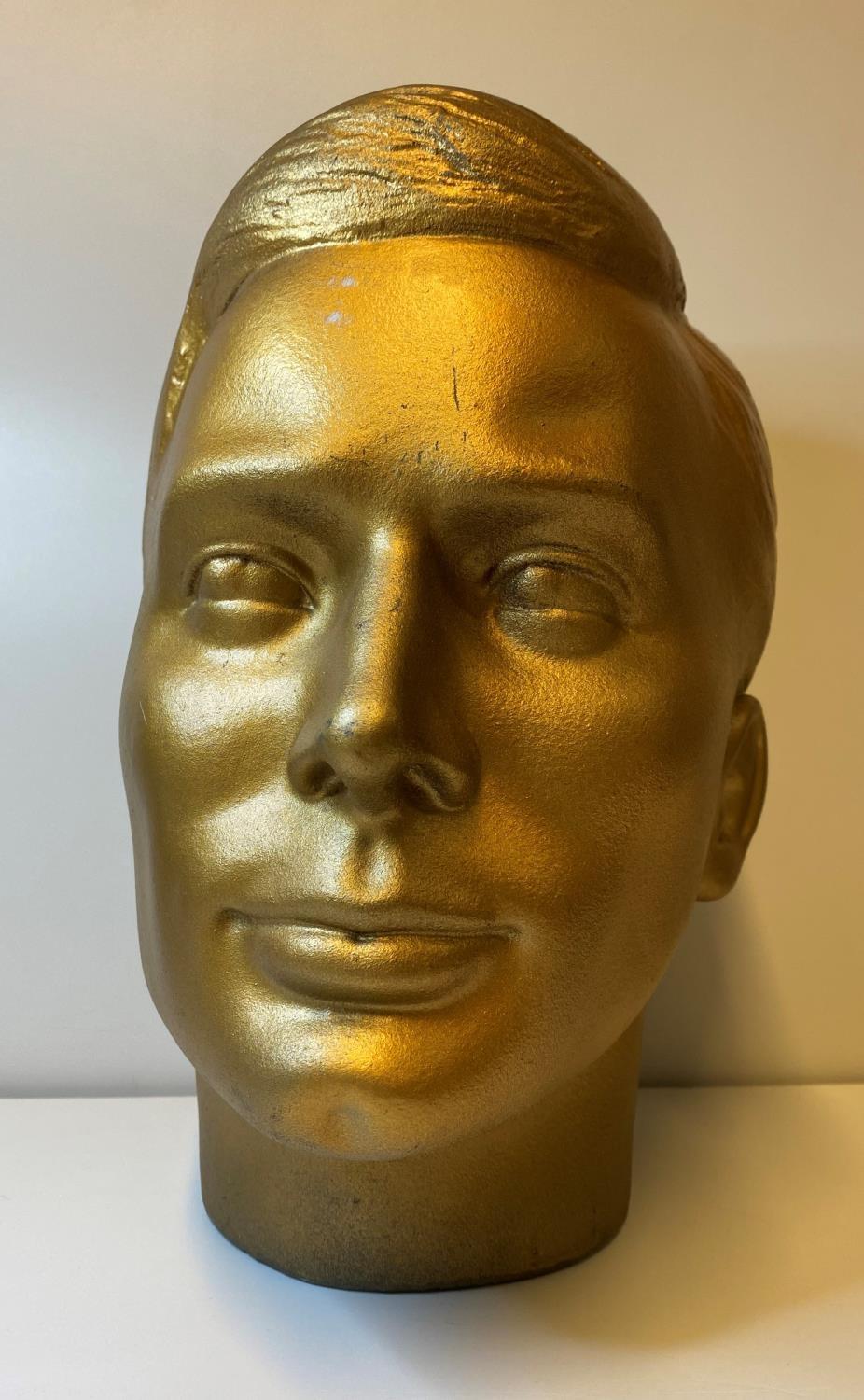 A life size Mans Head made in lightweight Plaster and finish in gold Paint, Mannequin Bust 28cm tall