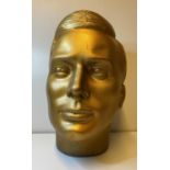A life size Mans Head made in lightweight Plaster and finish in gold Paint, Mannequin Bust 28cm tall