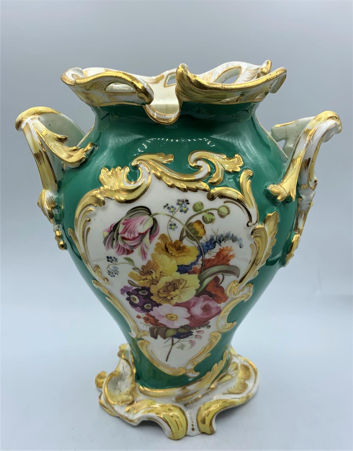 Green Baroque style Vase with Floral print and handles, circa 1880, 23cm tall