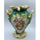 Green Baroque style Vase with Floral print and handles, circa 1880, 23cm tall