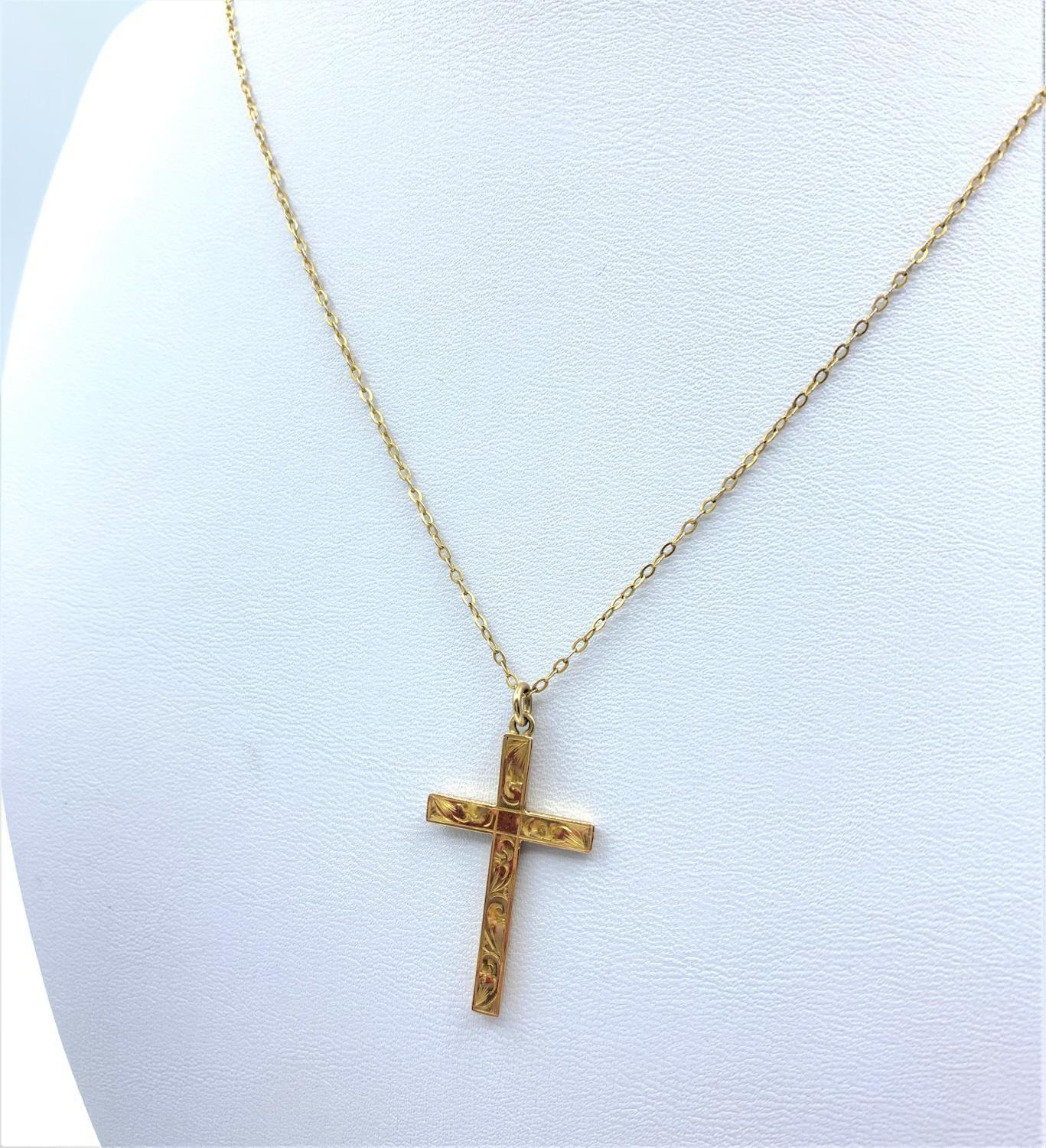 9CT Yellow Gold Crucifix Pendant set in 9ct 44cm long Chain, total weight 2g approx - Image 2 of 4