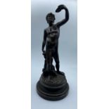 Antique Bronze Statue of Athletic Youth and Child, weight 3.5kg and 33cm tall including wooden base