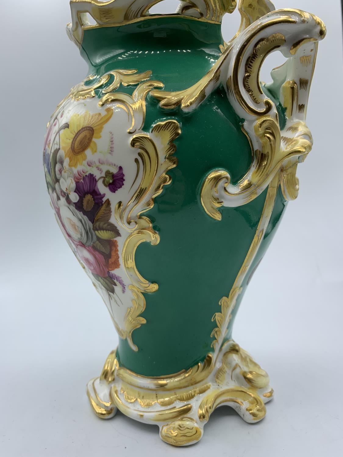 Green Baroque style Vase with Floral print and handles, circa 1880, 23cm tall - Image 4 of 7