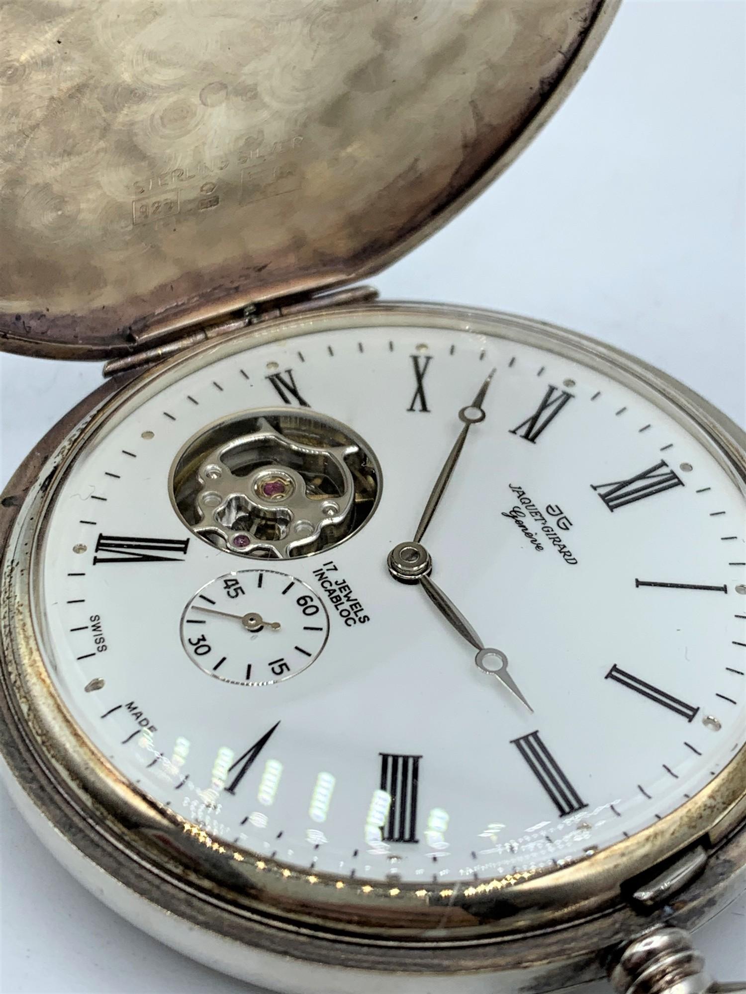 Jaquet Girard Geneve Silver Hunter Pocket Watch with Chains, 17 Jewels Incabloc in working order. - Image 4 of 9