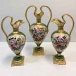 3 piece Set to include 2 Vases and a large Central Urn with Handles with Floral work to front of
