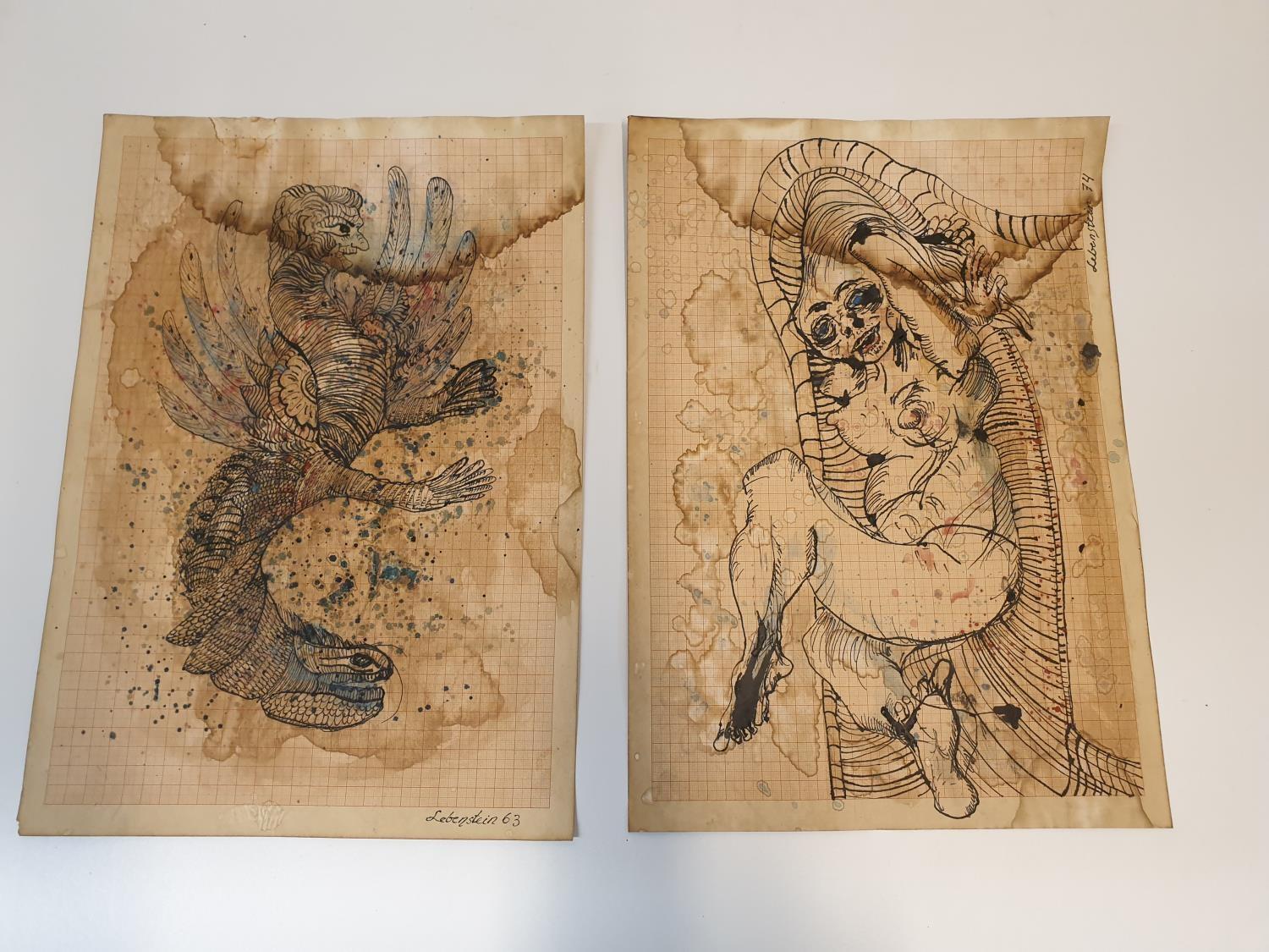 Jan Lebenstein Polish (1930 - 1999), pair of signed pen & ink coloured sketches on graph paper