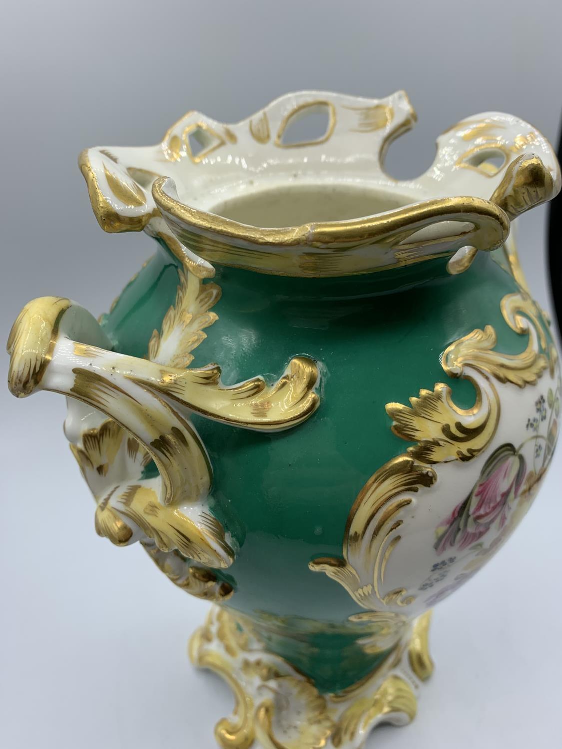 Green Baroque style Vase with Floral print and handles, circa 1880, 23cm tall - Image 7 of 7