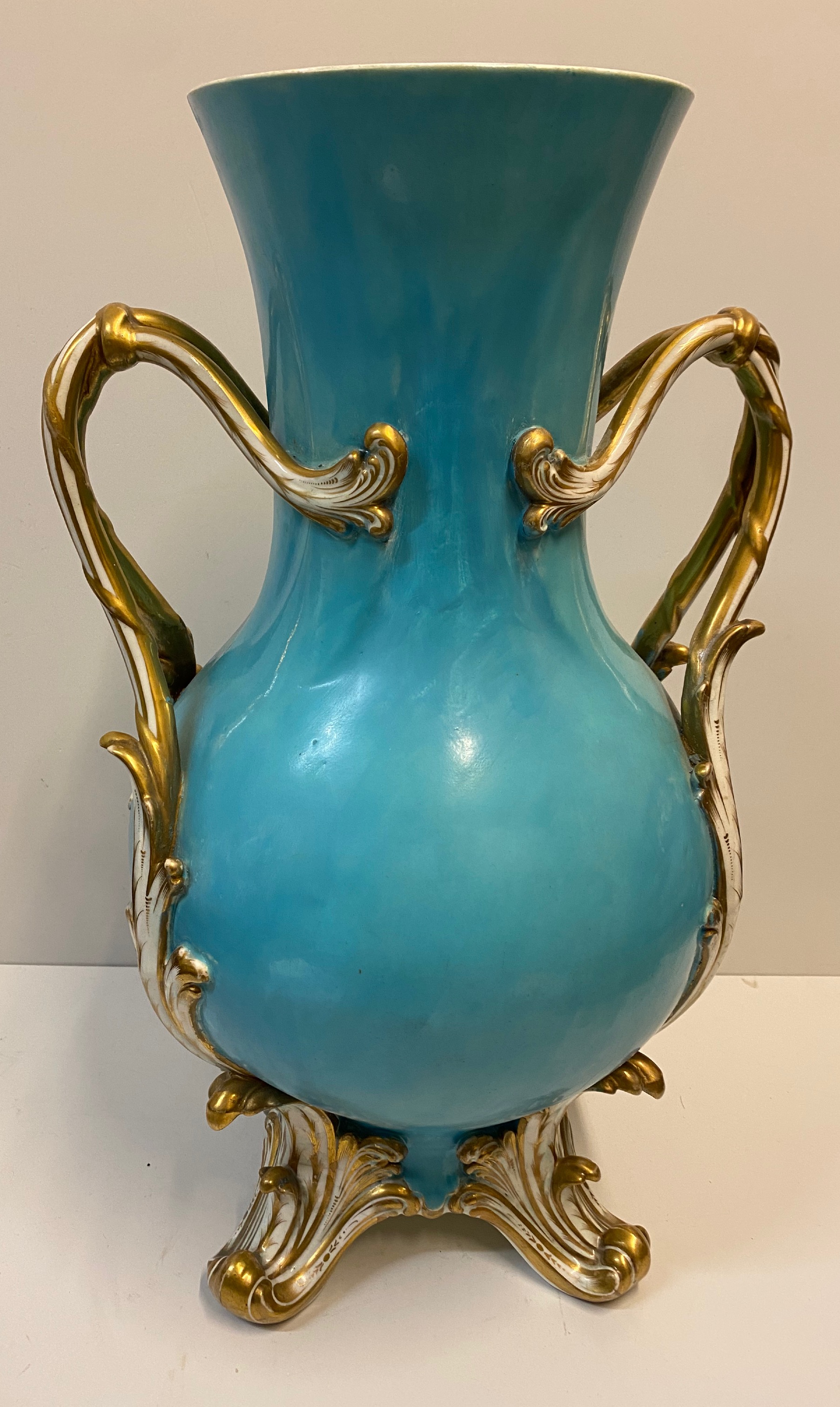 Large Baroque style blue blush Vase with gilded feet and twin handles, probably late 19th century,