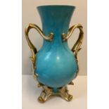 Large Baroque style blue blush Vase with gilded feet and twin handles, probably late 19th century,