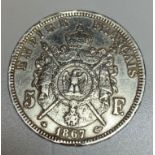 Napoleon III Silver 5 Franc Coin 1867, Fine condition to both sides and clear words to milled rim,